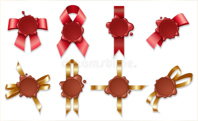 Wax seal. Set of various wax seals with ribbons. Design element document mark and decoration. stock illustration Wax seal. Set of various wax seals with ribbons. Design element document mark and decoration. stock illustration