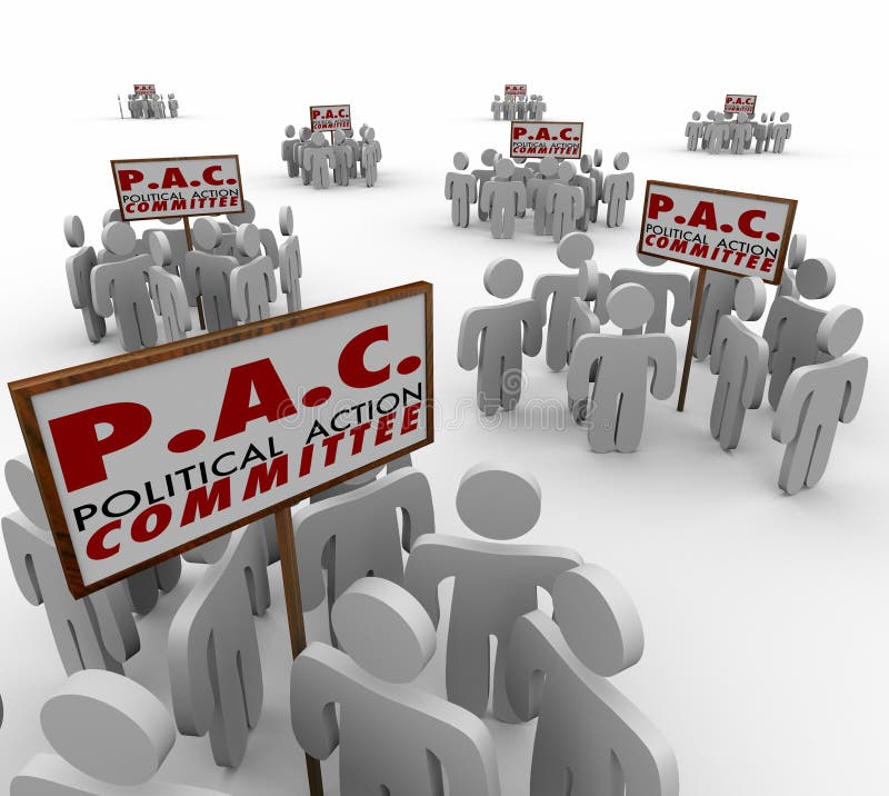 PAC Political Action Committee words on signs and people gathered around as special interest groups lobbying or campaigning for candidates in elections. PAC Political Action Committee words on signs and people gathered around as special interest groups lobbying or campaigning for candidates in elections