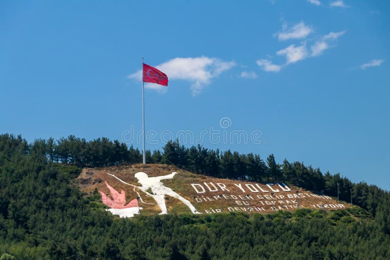 Canakkale /Turkey / Dur Yolcu Traveller halt, The soil you tread, Once witnessed the end of an era memorial aerial view in Canakkale, Turkey. Canakkale /Turkey / Dur Yolcu Traveller halt, The soil you tread, Once witnessed the end of an era memorial aerial view in Canakkale, Turkey