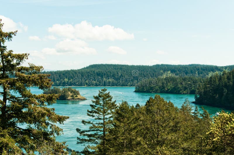 Scenic view of rugged, lush, evergreen forested coast, including islands, turquoise water, and blue sky. Pacific Northwest, Washington State. Horizontal. Copy space. Scenic view of rugged, lush, evergreen forested coast, including islands, turquoise water, and blue sky. Pacific Northwest, Washington State. Horizontal. Copy space.