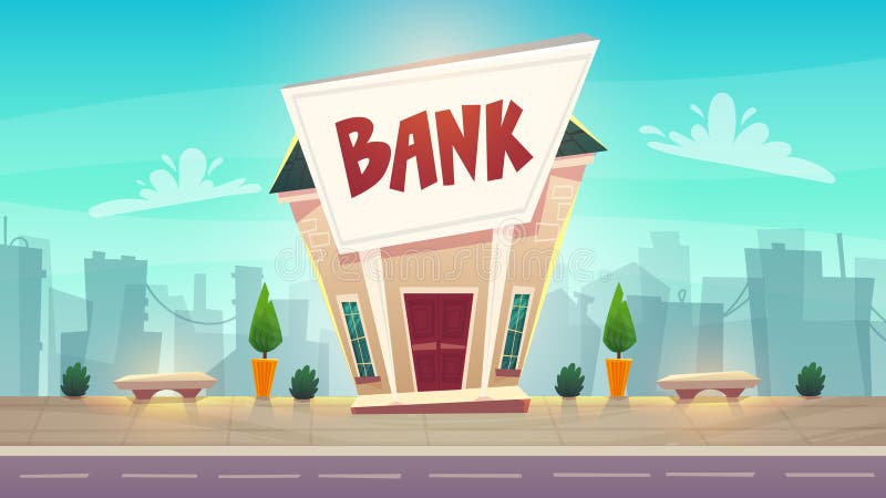 Отделение банка мультфильма на иллюстрации улицы города счастливый финансовый строгать дела деньги вектора финансов фондовой бирж иллюстрация вектора