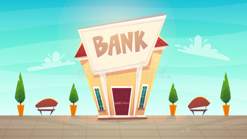Отделение банка мультфильма на иллюстрации улицы города счастливый финансовый строгать дела деньги вектора финансов фондовой бирж иллюстрация вектора