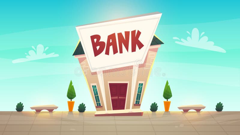 Отделение банка мультфильма на иллюстрации улицы города счастливый финансовый строгать дела деньги вектора финансов фондовой бирж иллюстрация вектора
