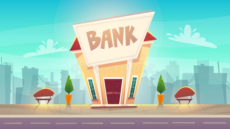 Отделение банка мультфильма на иллюстрации улицы города счастливый финансовый строгать дела деньги вектора финансов фондовой бирж иллюстрация вектора