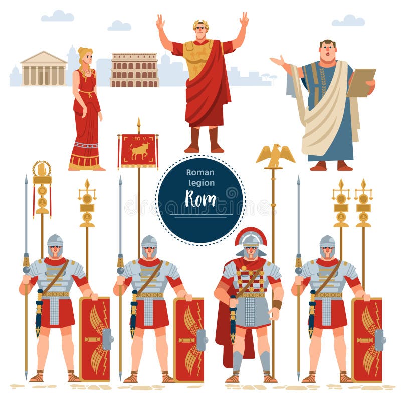 Rome set. Set in ancient Rome illustration historic army infantrymen in full armor with shields, caesar, legionary, warriors characters. Traditional cultural symbols. Flat style isolated illustration. Rome set. Set in ancient Rome illustration historic army infantrymen in full armor with shields, caesar, legionary, warriors characters. Traditional cultural symbols. Flat style isolated illustration