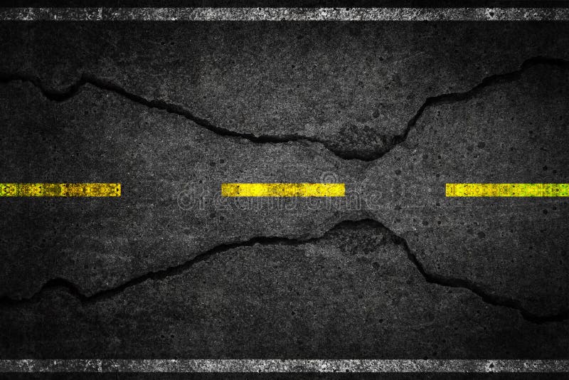 Cracks on asphalt the yellow line dividing lanes. Cracks on asphalt the yellow line dividing lanes