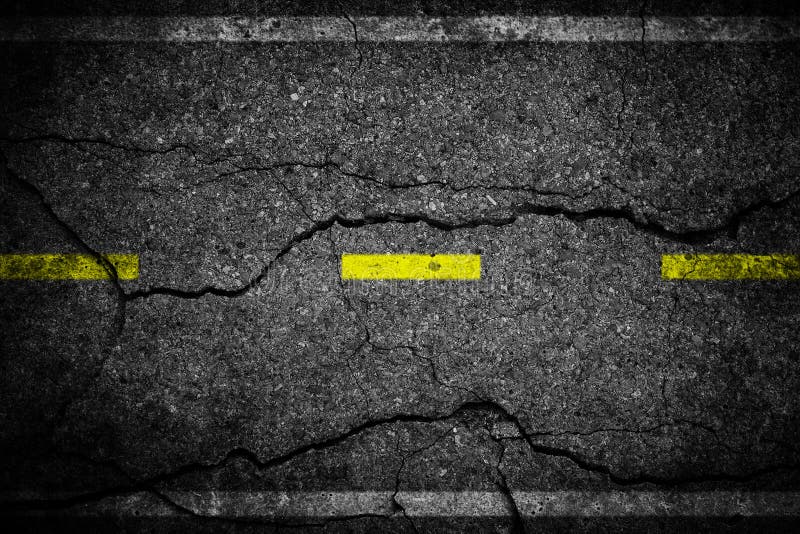 Cracks on asphalt the yellow line dividing lanes to illustrate a general background. Cracks on asphalt the yellow line dividing lanes to illustrate a general background