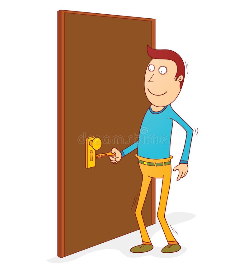 Illustration of a man opening the door with a key. Available in vector eps 8 file. Illustration of a man opening the door with a key. Available in vector eps 8 file