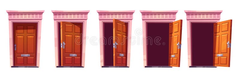 Opening wooden front door with stone frame isolated on white background. Vector cartoon set of house entrance, brown closed, ajar and open doors. Illustration for sprite animation or 2d game. Opening wooden front door with stone frame isolated on white background. Vector cartoon set of house entrance, brown closed, ajar and open doors. Illustration for sprite animation or 2d game