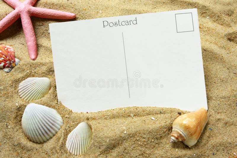 Blank postcard in beach sand, with seashells and a starfish. Vacation time!. Blank postcard in beach sand, with seashells and a starfish. Vacation time!