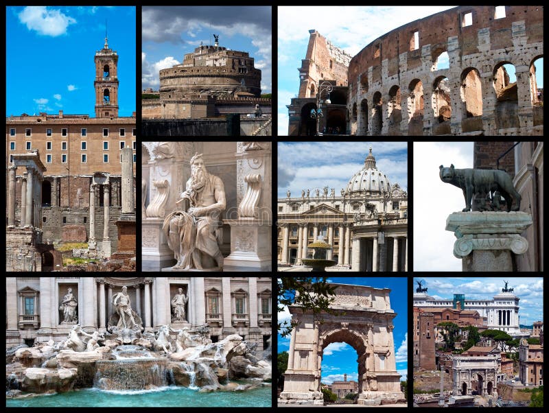 A collage of Rome photos with the most famous touristic places. A collage of Rome photos with the most famous touristic places