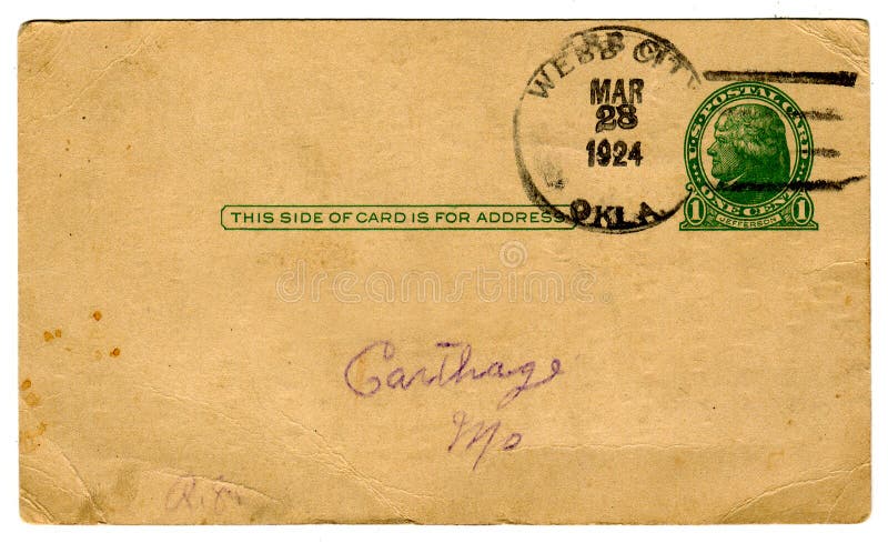 Blank back of a 1924 souvenir postcard. Sepia tone with green text, one cent postage stamp cancelled and undivided address area. Mailed to Carthage, Missouri from Webb City, Oklahoma. Blank back of a 1924 souvenir postcard. Sepia tone with green text, one cent postage stamp cancelled and undivided address area. Mailed to Carthage, Missouri from Webb City, Oklahoma.