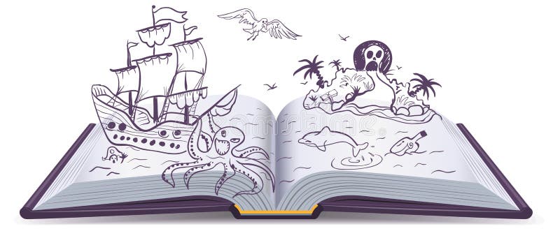 Открытое приключение книги Сокровища, пираты, парусные судна, приключение Фантазия чтения иллюстрация штока Открытое приключение книги Сокровища, пираты, парусные судна, приключение Фантазия чтения иллюстрация штока