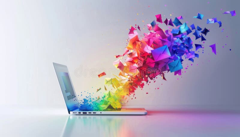 Opened laptop with colorful abstract polygonal background. email marketing or newsletter concept, sending e-mails . High quality illustration AI generated. Opened laptop with colorful abstract polygonal background. email marketing or newsletter concept, sending e-mails . High quality illustration AI generated