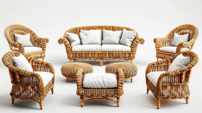 открытый сад rattan соломенная мебель установить кресла и диваны на двойном сиденье изолированы на белом фоне иллюстрация штока