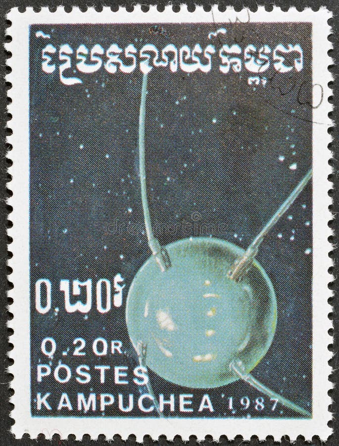 Cancelled postage stamp printed by Cambodia, that shows Sputnik 1, Soviet Spacecraft, circa 1987. Cancelled postage stamp printed by Cambodia, that shows Sputnik 1, Soviet Spacecraft, circa 1987.