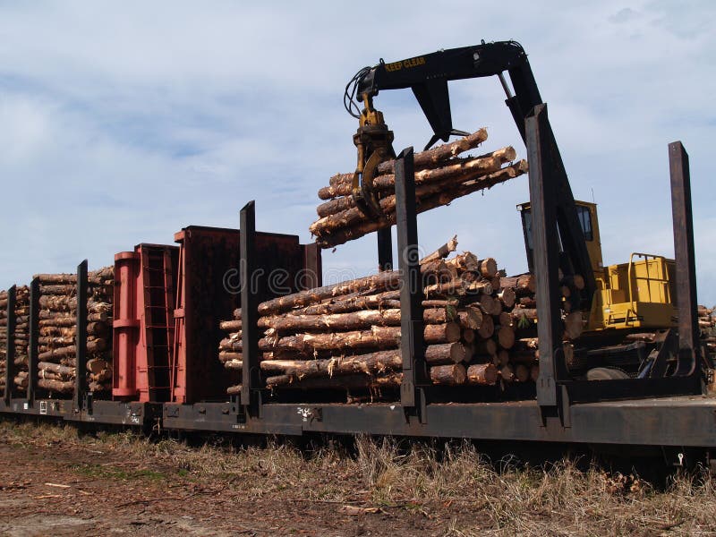 Crane loading cut logs on a railcar. Crane loading cut logs on a railcar.