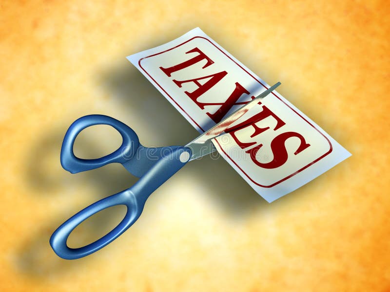 Some scissors are cutting a piece of paper with the word taxes. Digital illustration. Included clipping path allows to isolate objects from background. Some scissors are cutting a piece of paper with the word taxes. Digital illustration. Included clipping path allows to isolate objects from background.
