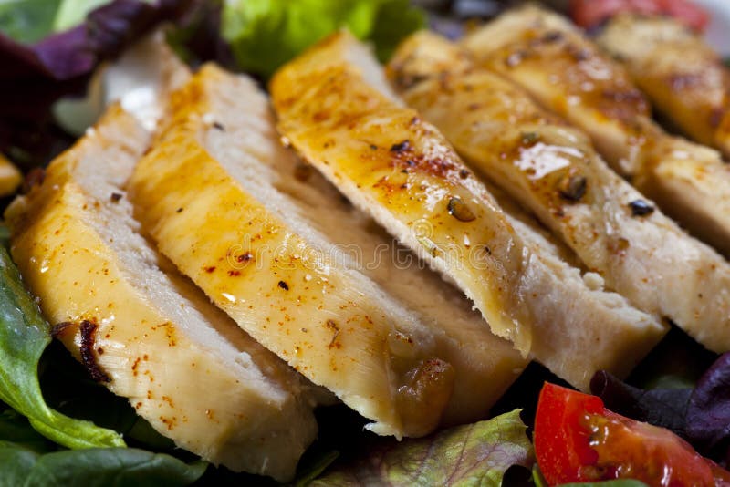Detail on a fresh salad with sliced grilled chicken breast-detail. Detail on a fresh salad with sliced grilled chicken breast-detail.