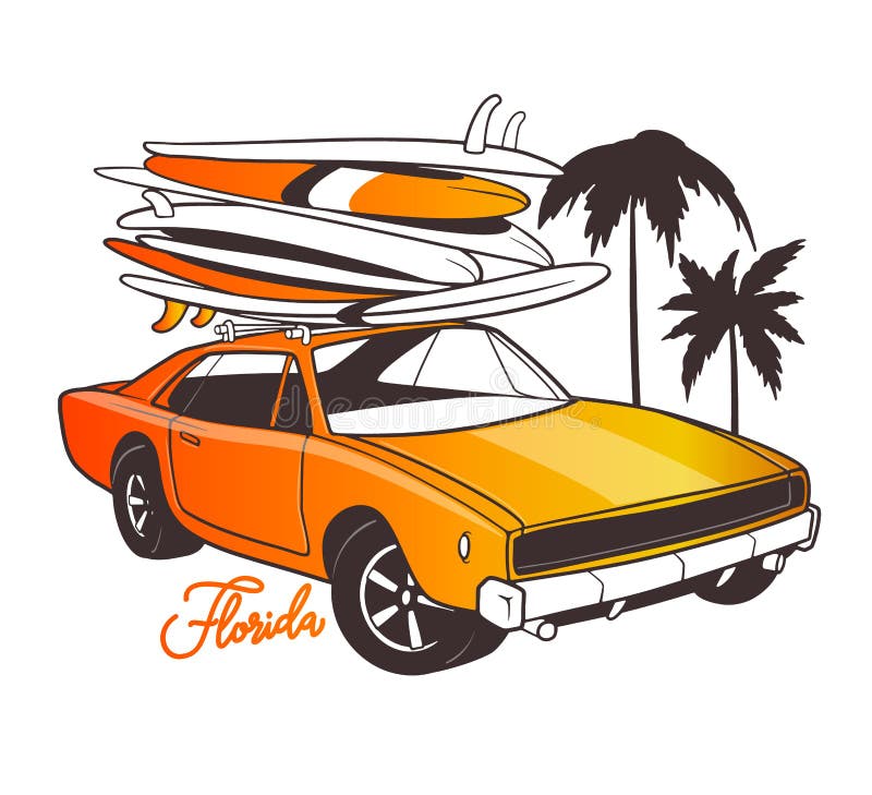 Оформление Майами для печати футболки и ретро автомобиля с surfboard иллюстрация вектора Оформление Майами для печати футболки и ретро автомобиля с surfboard иллюстрация вектора