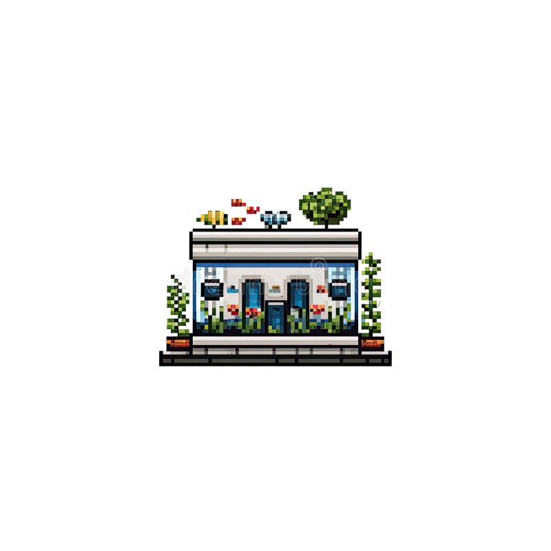 Очаровательное здание Pixel Art с садом на крыше иллюстрация вектора