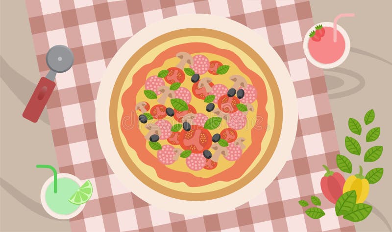 Очень вкусная пицца с грибами и сосиской на checkered скатерти с коктеилями бесплатная иллюстрация Очень вкусная пицца с грибами и сосиской на checkered скатерти с коктеилями бесплатная иллюстрация