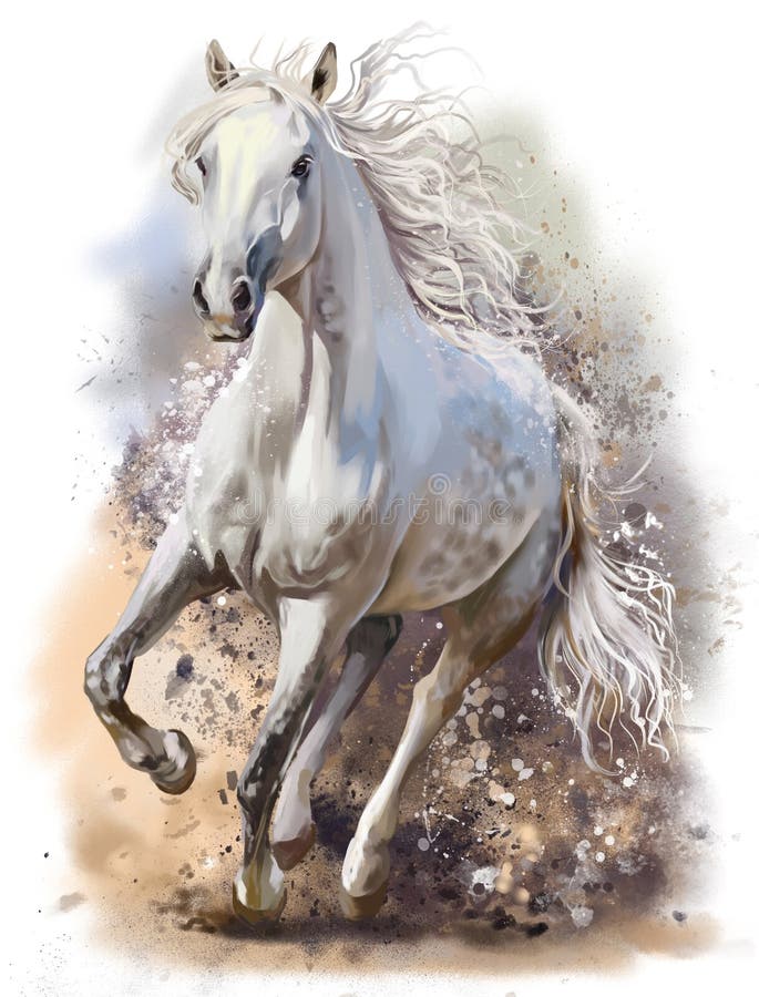 White horse runs watercolor painting. White horse runs watercolor painting