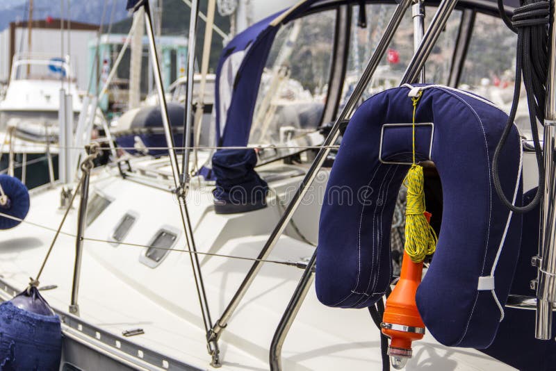 Sailing yacht equipment; block with main sheet rope close up. Sailing yacht equipment; block with main sheet rope close up