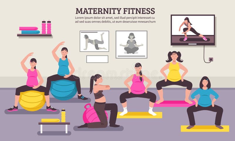 Maternity group fitness class flat poster with aerobic muscles and balance exercises for pregnant women vector illustration. Maternity group fitness class flat poster with aerobic muscles and balance exercises for pregnant women vector illustration