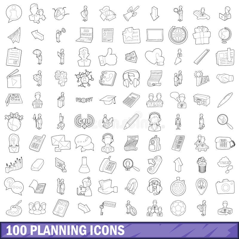 100 planning icons set in outline style for any design vector illustration. 100 planning icons set in outline style for any design vector illustration