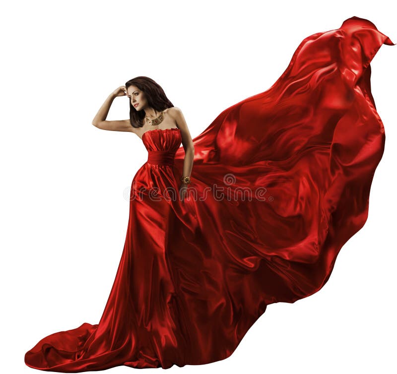 Платье женщины красное на белой, развевая Silk ткани летая, режиме красоты стоковые изображения rf