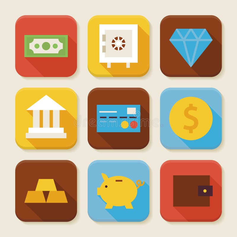 Плоские установленные финансы и приданные квадратную форму банком значки App бесплатная иллюстрация Плоские установленные финансы и приданные квадратную форму банком значки App бесплатная иллюстрация