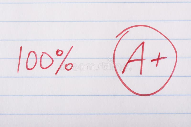 A plus (A+) grade with 100 percent written in red pen on notebook paper. A plus (A+) grade with 100 percent written in red pen on notebook paper.