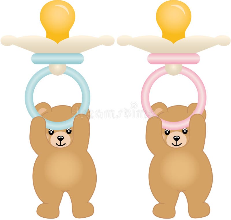 Плюшевые медвежоата держа pacifiers розового и голубого младенца иллюстрация штока
