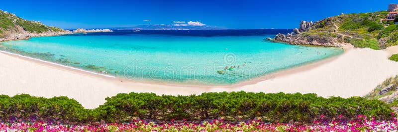 Пляж Rena Bianca di Spiaggia с красными утесами и лазурной чистой водой Коста Smeralda, Сардиния, Италия стоковое изображение rf Пляж Rena Bianca di Spiaggia с красными утесами и лазурной чистой водой Коста Smeralda, Сардиния, Италия стоковое изображение rf