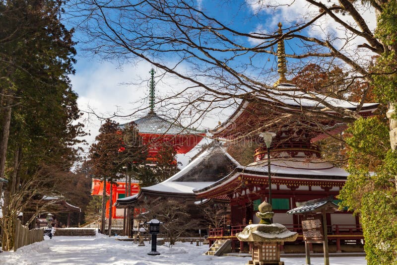 Пагода Тото в Danjo Garan, Koyasan, покрытом со снегом на солнечный день, Япония стоковые изображения rf Пагода Тото в Danjo Garan, Koyasan, покрытом со снегом на солнечный день, Япония стоковые изображения rf