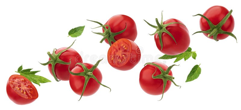 Падающие помидоры черри изоляции на белом фоне