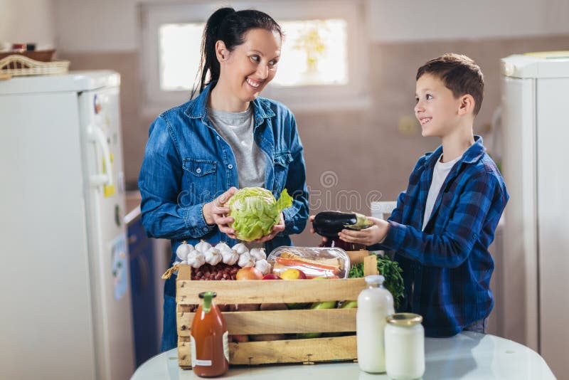 Пакет свежих продуктов к stayathome матери и ее сына. стоковые фотографии rf