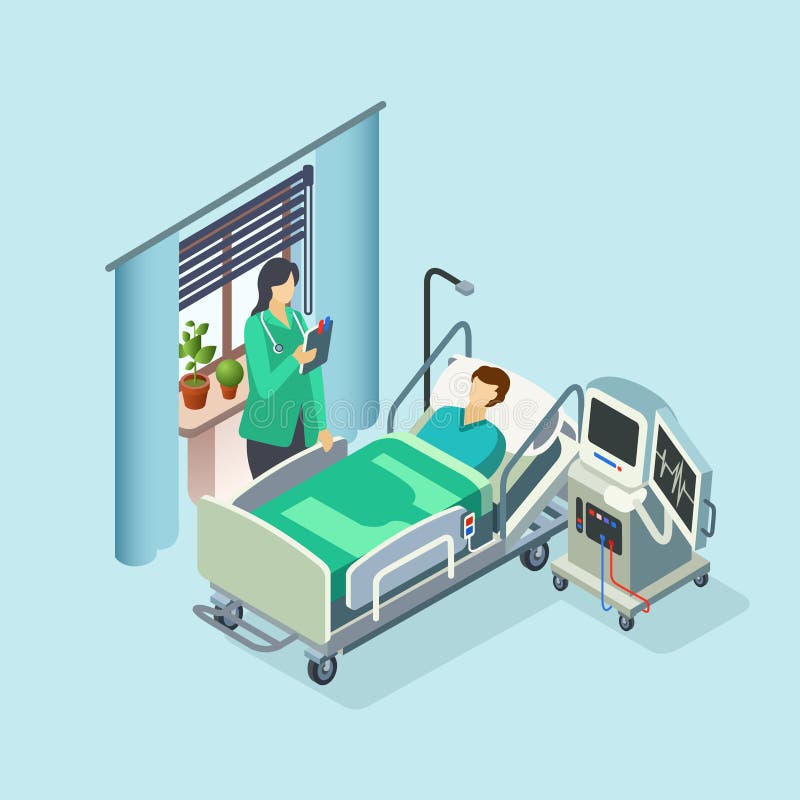 Vector isometric modern hospital room, ward with male patient in bed, female doctor standing holding clipboard and medical reanimation equipment. 3d illustration with clinic interior design. Vector isometric modern hospital room, ward with male patient in bed, female doctor standing holding clipboard and medical reanimation equipment. 3d illustration with clinic interior design