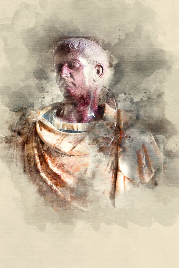 Julius Caesar Marble monument. Watercolor background. Julius Caesar Marble monument. Watercolor background