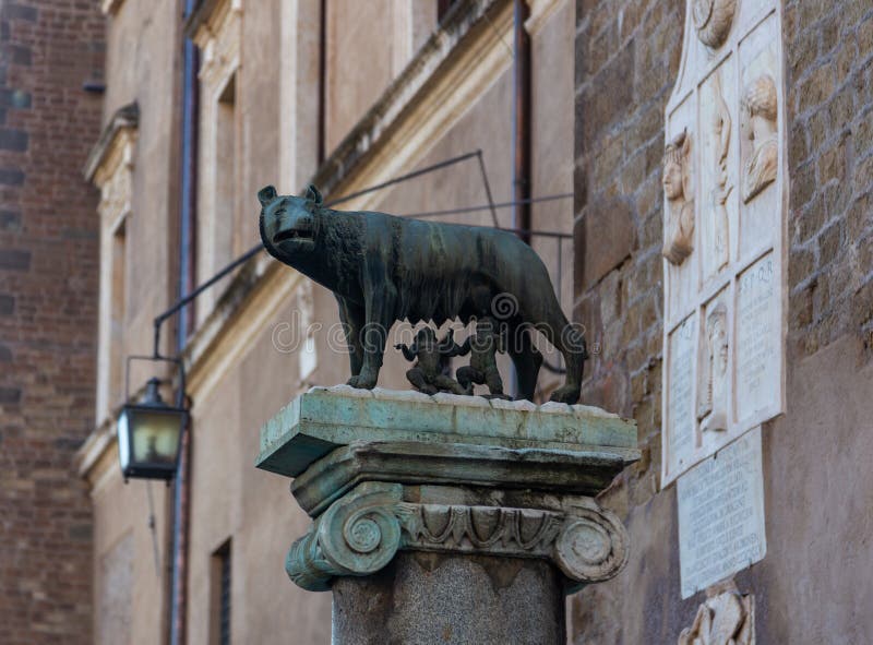 Памятник она-волку который поднял Romulus и Remus в Риме, Италии стоковые фотографии rf Памятник она-волку который поднял Romulus и Remus в Риме, Италии стоковые фотографии rf