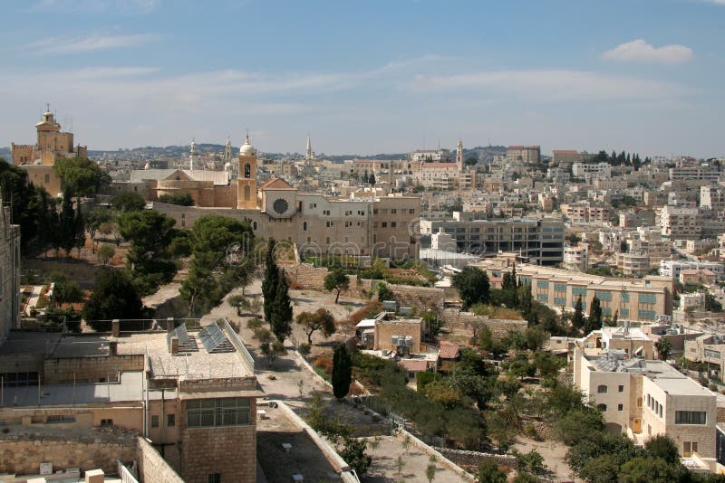 Panoramic view of Bethlehem with church of the Nativity of Christ in the foreground. Panoramic view of Bethlehem with church of the Nativity of Christ in the foreground