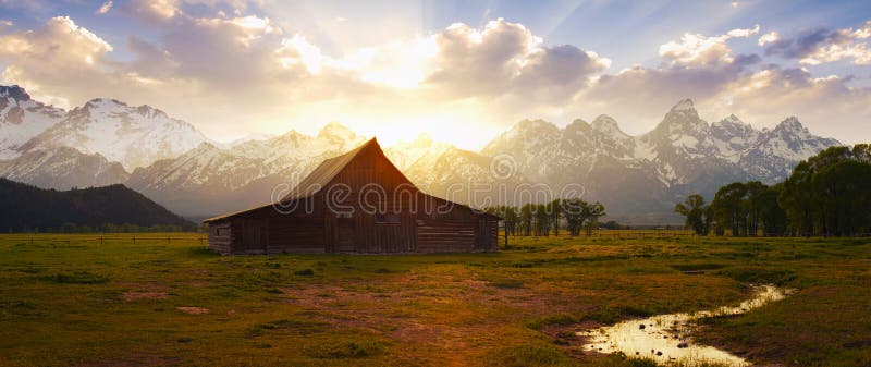 Panorama of Moulton Barn in Wyoming before the Grand Tetons. Panorama of Moulton Barn in Wyoming before the Grand Tetons