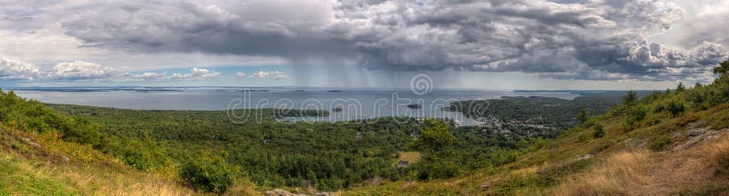 Panorama From Mt Battie in Camden Maine - passing storm. Panorama From Mt Battie in Camden Maine - passing storm