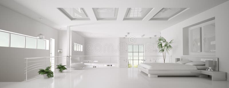 Interior of white bedroom panorama 3d render. Interior of white bedroom panorama 3d render