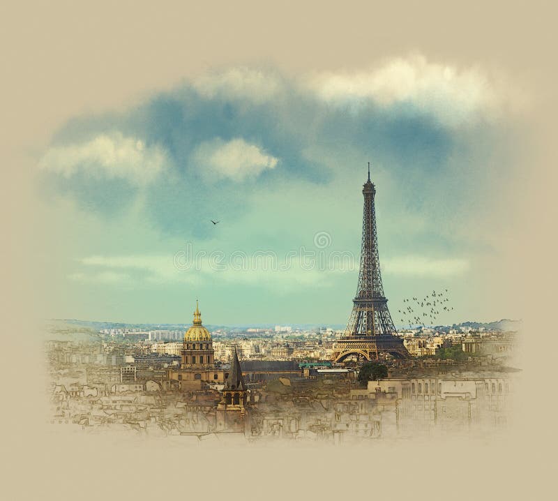 Панорамная Эйфелева башня взгляда Парижа Эскиз акварели Sepia стоковые фото