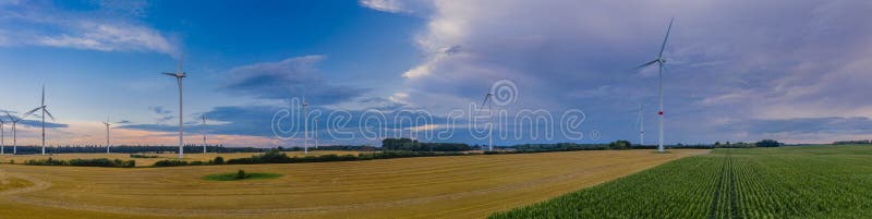 панорамный вид летом на ветряную турбину с пшеничными и кукурузными полями. вид с воздуха на генератор эолии в прекрасной пшенице