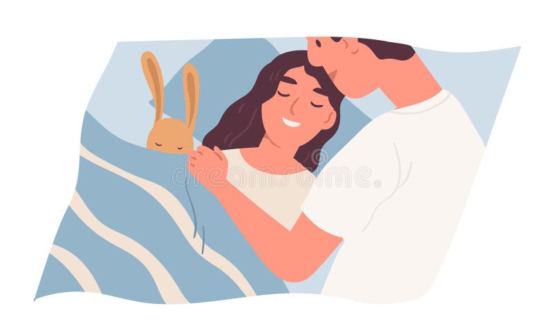Папа ставит ее ребенка, чтобы спать и прикрывая одеялом перед сном. Счастливые отношения между отцом и дочерью. Улыбка бесплатная иллюстрация