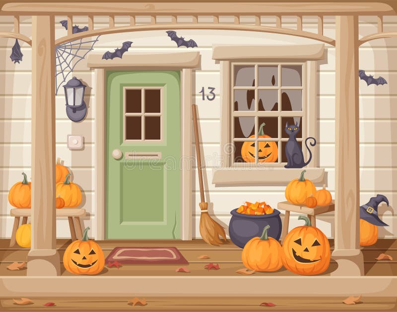 Vector illustration of a front door and porch with pumpkins decorated for Halloween. Vector illustration of a front door and porch with pumpkins decorated for Halloween.