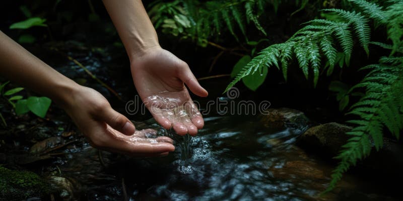 пара рук, стакан воды из маленького скрытого ручья, окруженного темными папоротниками стоковая фотография